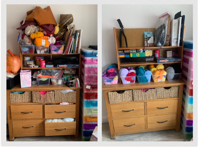 Before and after photos of a cupboard that contains crafting items that have been decluttered and organised.