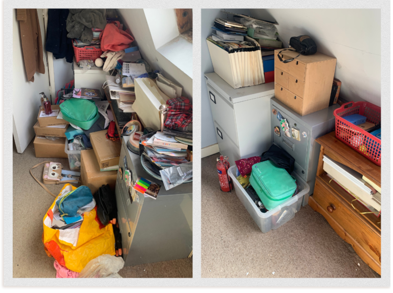 Before and after photo of a corner in a spare room used as a dumping area. Items decluttered and categorised, reducing the items and making the area look tidier.