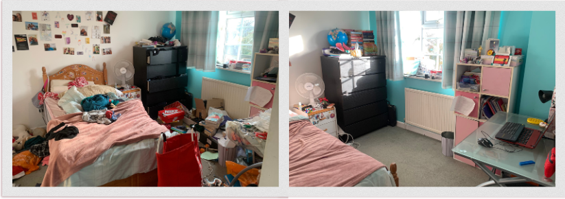 Before photo of a cluttered teenage girls bedroom and after photo showing the floor now visible and items organised neatly.