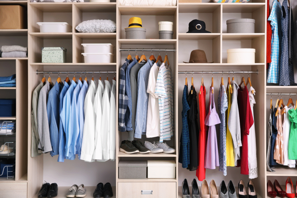 A picture of an uncluttered wardrobe, everything has a place and is highly organised