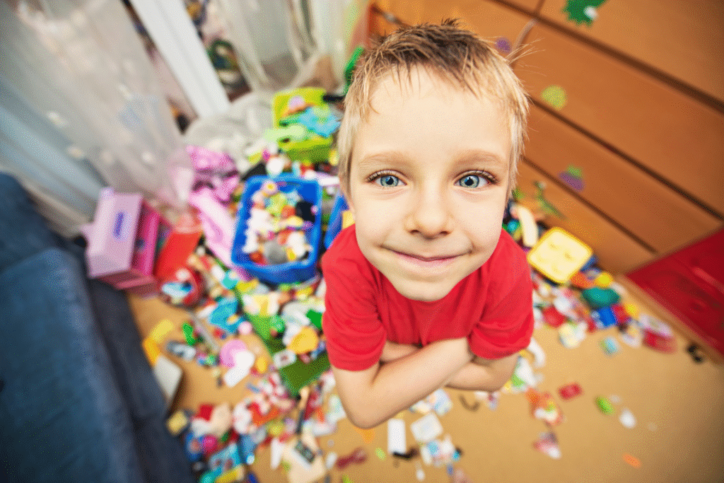Photo of a boy with crossed arms, smiley face, looking pleased with himself even though the floor behind him is messy with toys