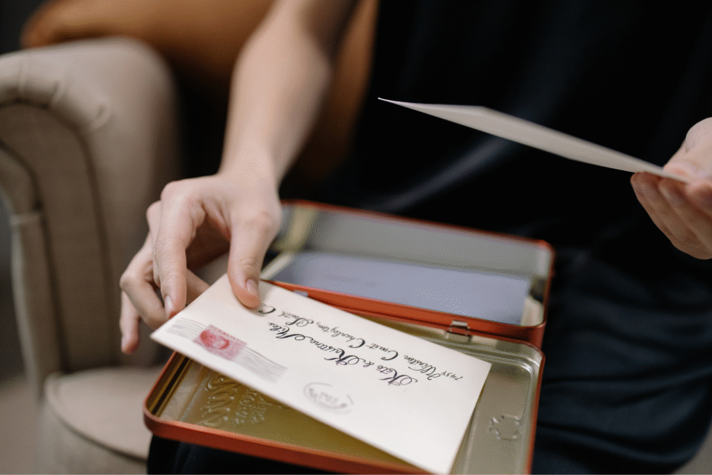 Photo of a womens hand holding a hand written letter, which she has just taken out of a box of keepsakes