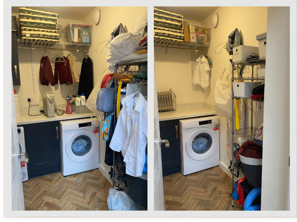 Before and after photos of a utility room, the photos show the worktop was cleared and shelves sorted